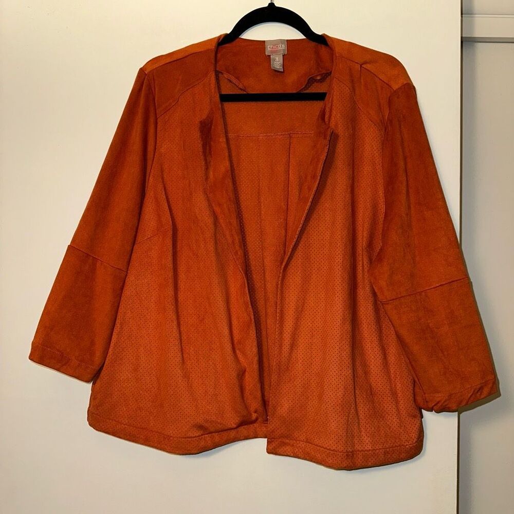 Chicos XL (3) Faux Suede Burnt Orange 3/4 Sleeve Open Front Womens Jacket EUC